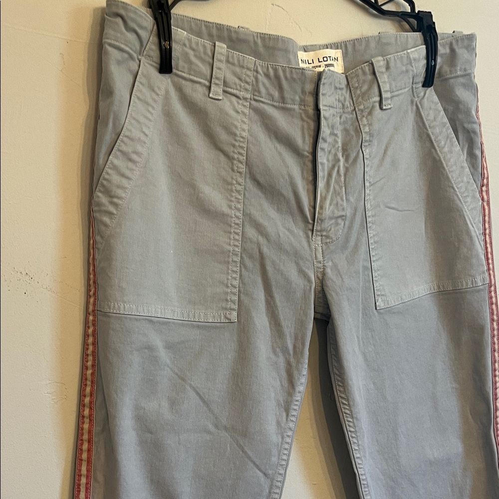 Nili Lotan cropped Jenna pant in grey blue with pink and yellow stripe size 6